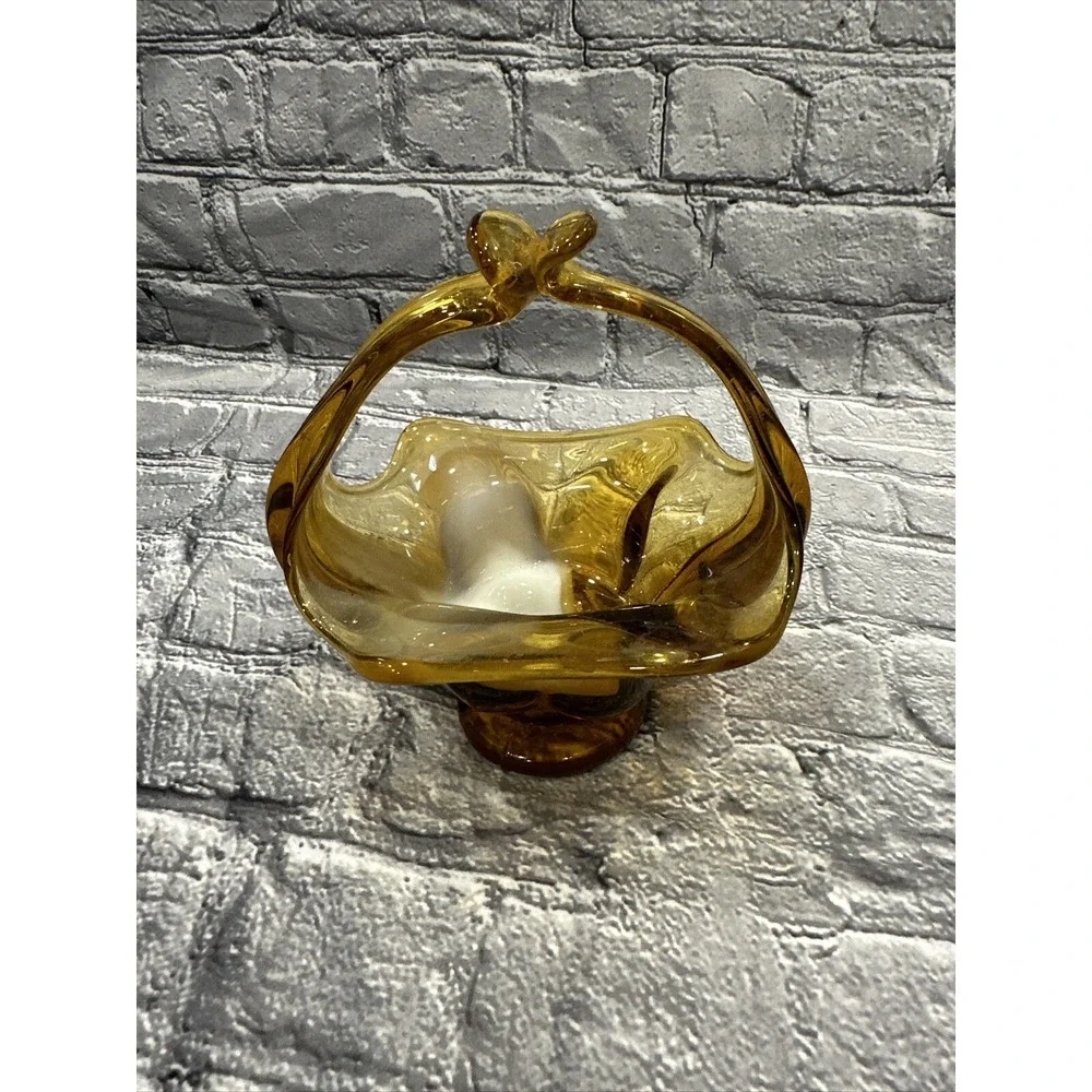 Vintage AMBER Free-Form ART GLASS W/White SHADE Handled Basket Candy Dish